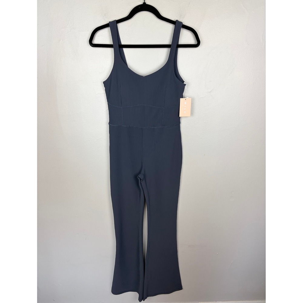 Wilo The Label V-Neck Flare Unitard Gunmetal Sleeveless Jumpsuit Blue Size M